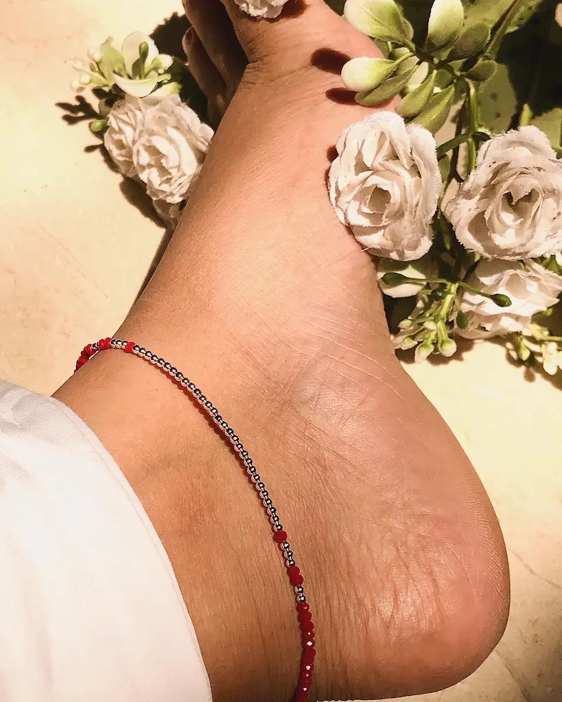 Silver Maroon Bead Anklet