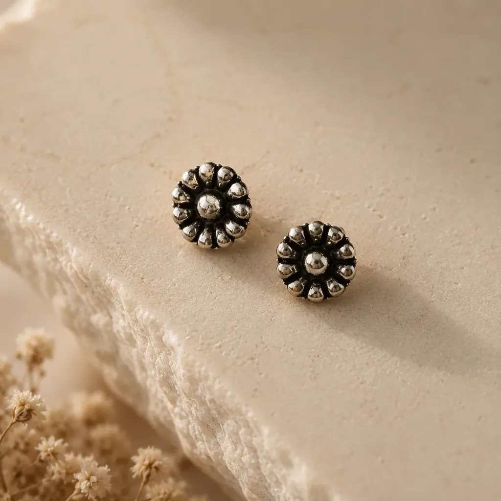 Silver Oxidised Floral Studs