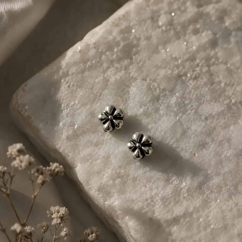 Silver Oxidised Floral Studs