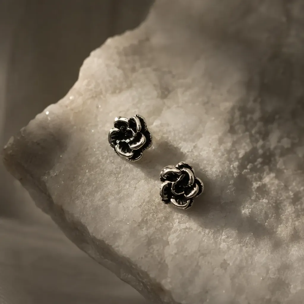 Silver Oxidised Floral Studs