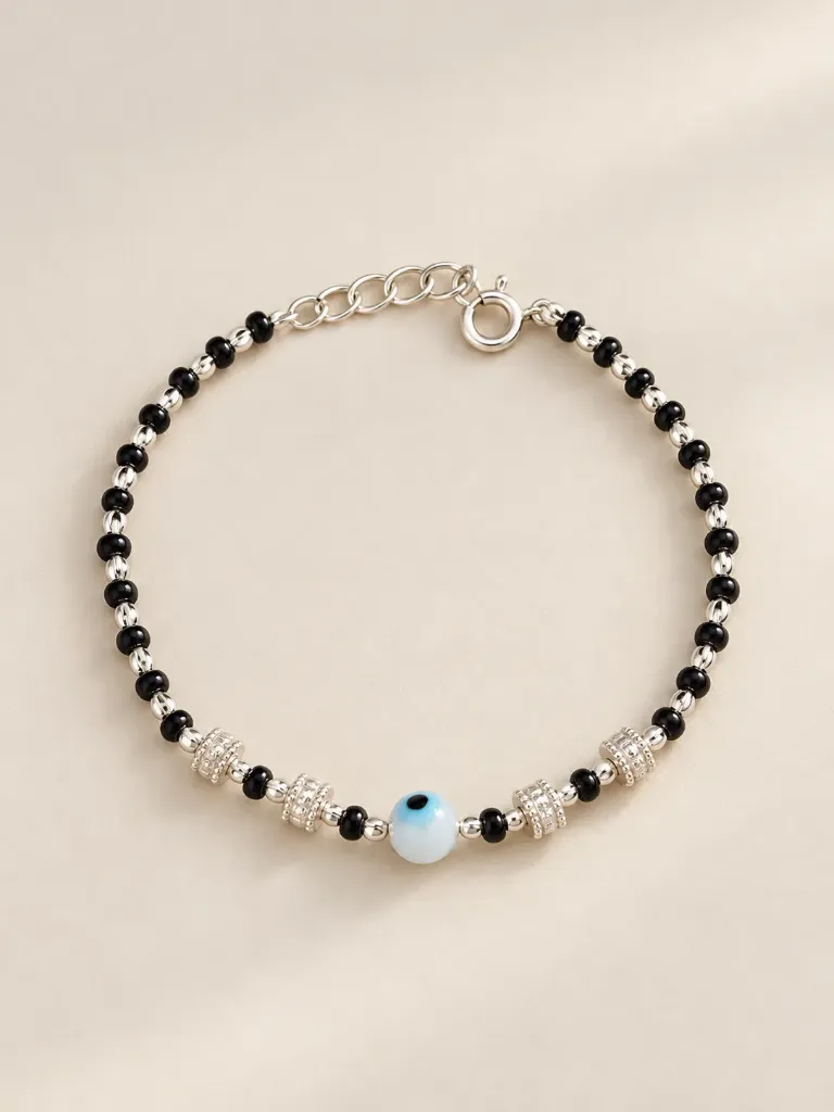 Silver Black Beads Evil Eye Bracelet