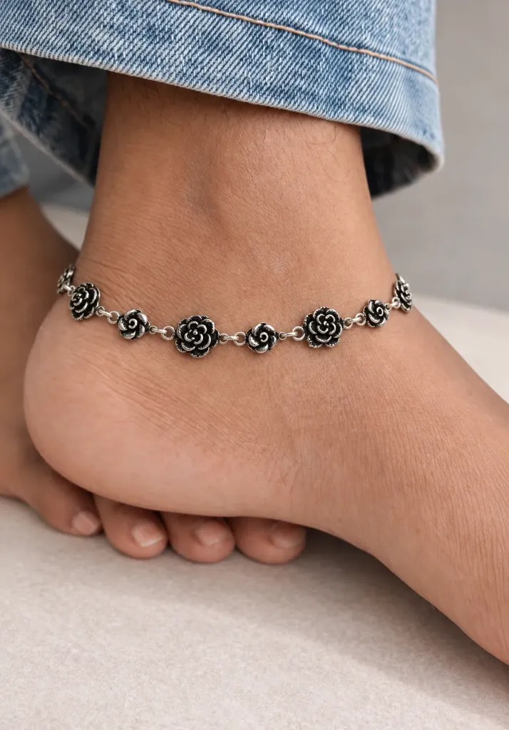 Silver Floral Oxidised Anklet