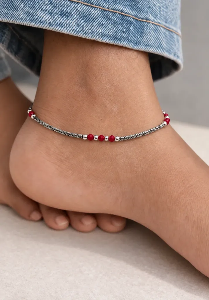 Silver Red Beaded Anklet