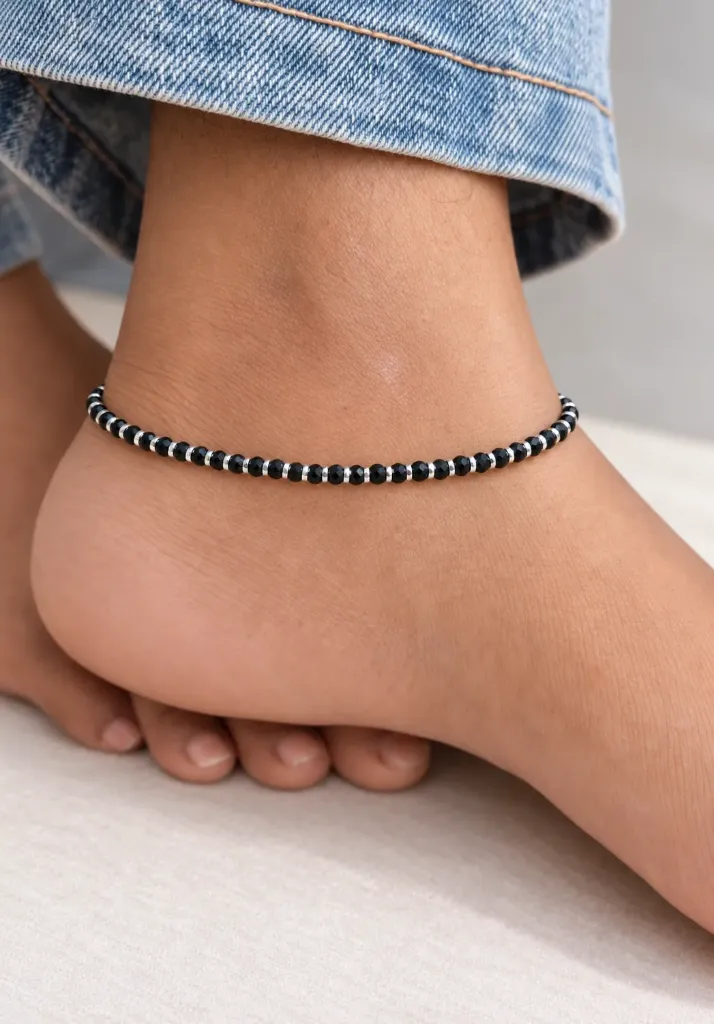 Silver Black Beaded Anklet