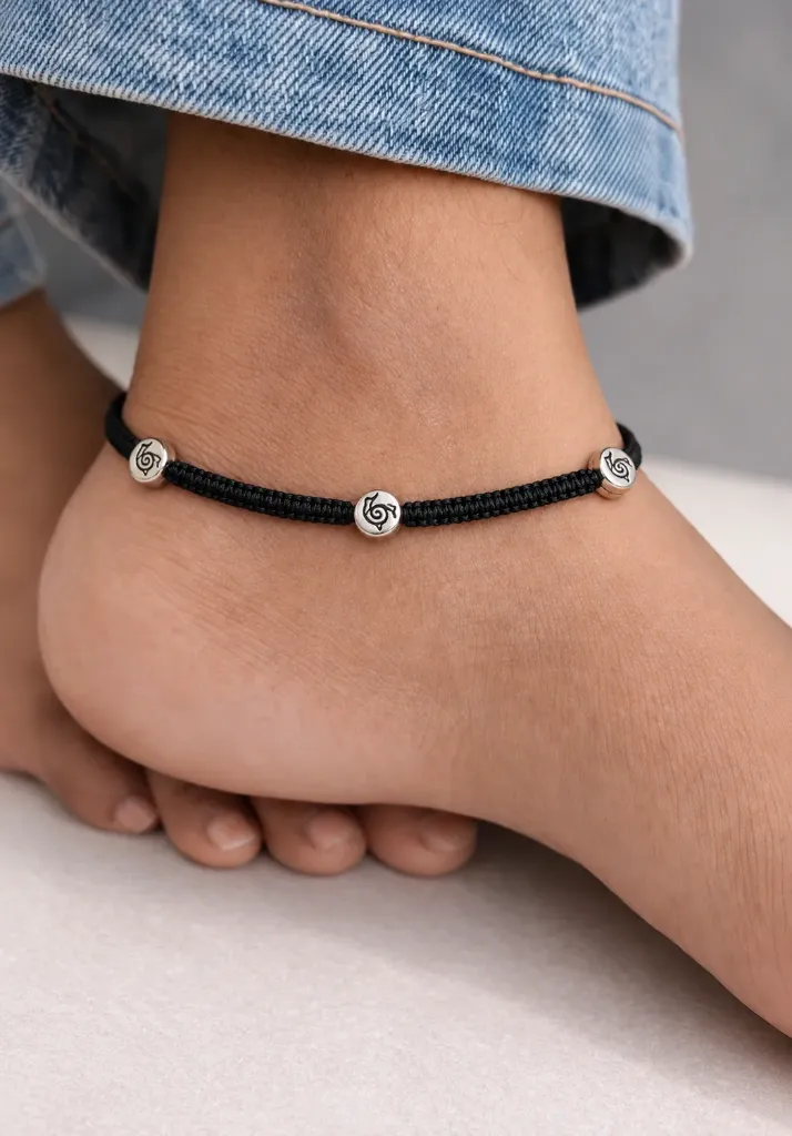 Silver Dolphin Black Thread Anklet