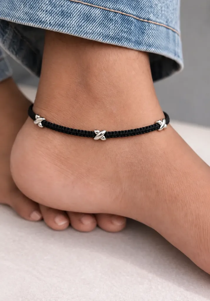 Silver Black Thread Anklet