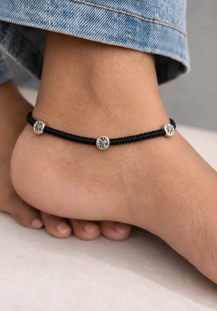 Silver Black Thread Anklet