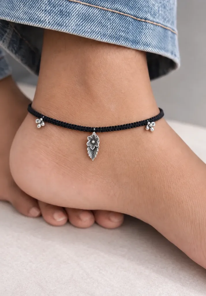 Silver Floral Black Thread Anklet