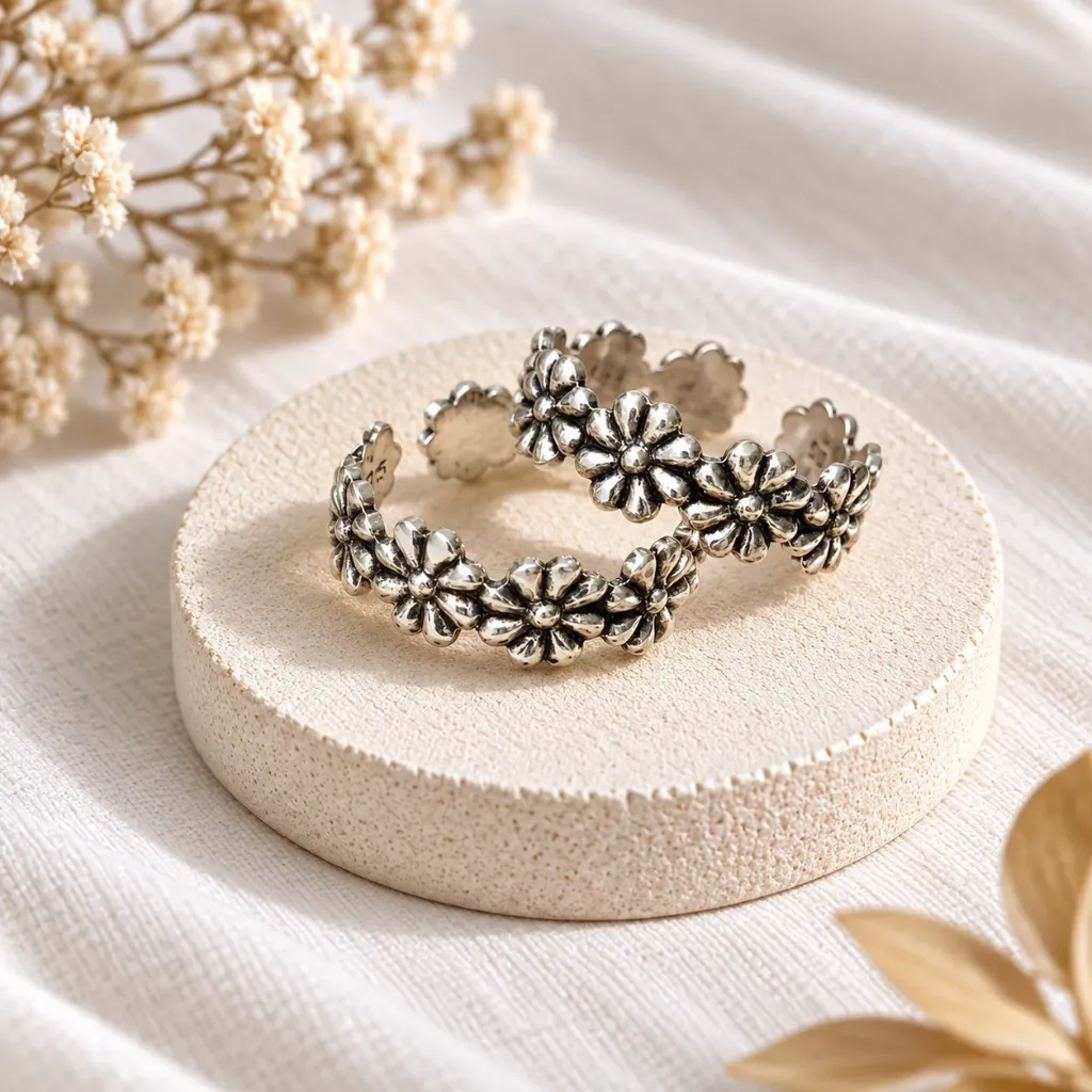 Silver Oxidised Floral Toe Rings