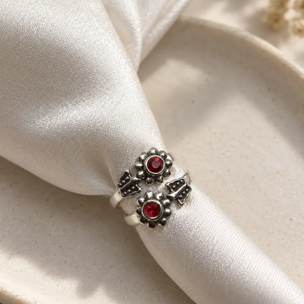Silver Oxidised Red Floral Toe Rings